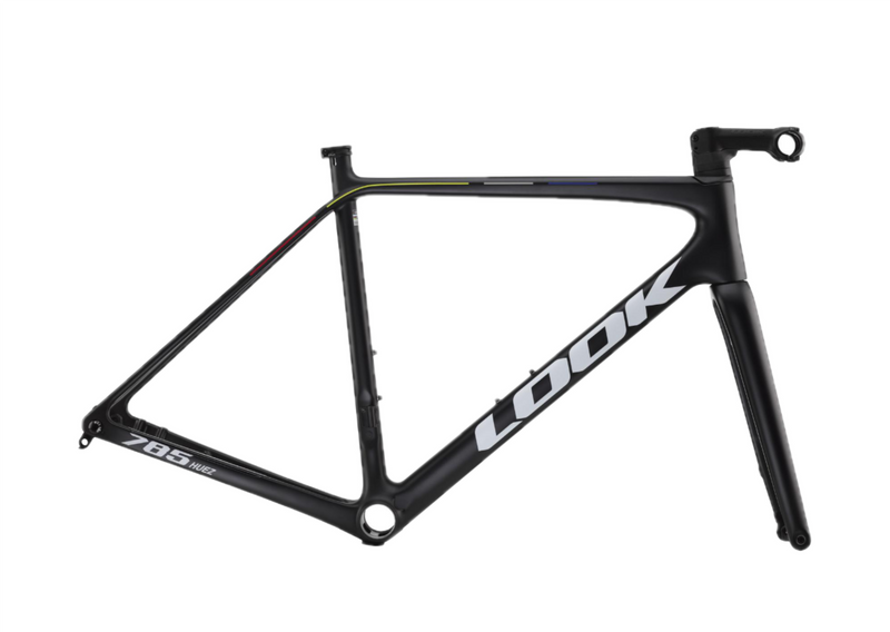 Load image into Gallery viewer, LOOK 785 road bike frame, black with Red, yellow, white and blue detailing following a broken line pattern. White LOOK logo.
